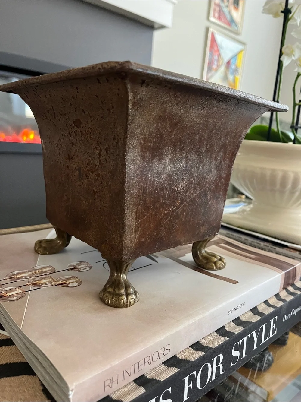 Rustic Brown Metal Planter with Brass Claw Feet